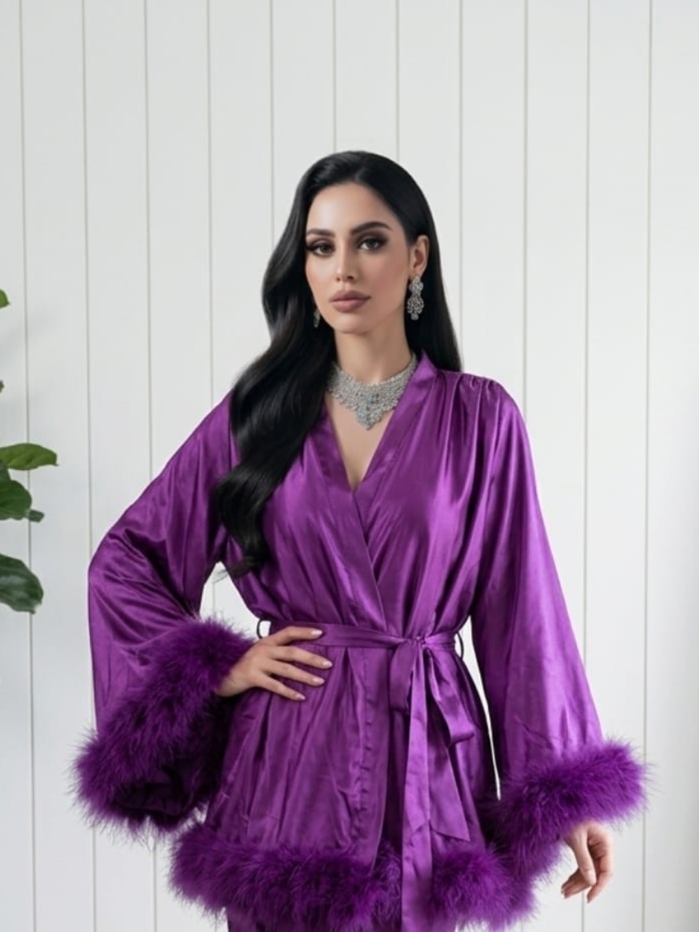 Purple Satin Feather-Trim Robe - Women Intimates & Sleepwear